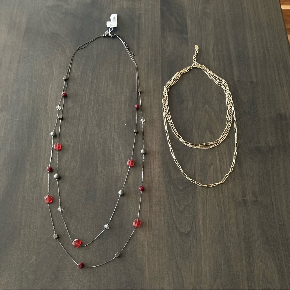 NWT Loft Outlet Gold Toned and Dark Red Layered Necklaces Bundle Set of 2